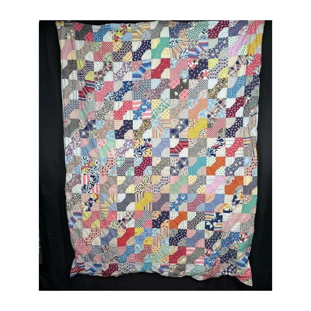 Vintage Colorful Feedsack Bowtie Quilt Handmade Cotton Fabric Farmhouse Cottage